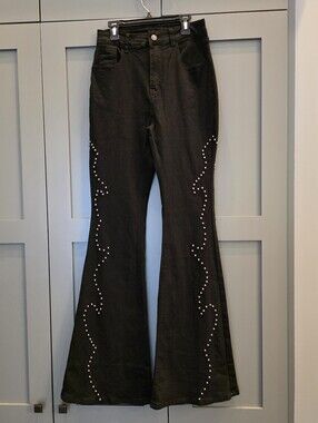 Black Studded High Rise Jeans Stretch Flare Western Boho Rodeo Idyllwind Style